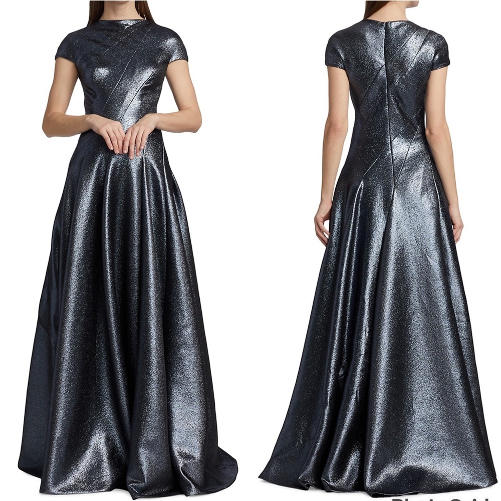 Reem Acra Cap-Sleeve Lame Gown